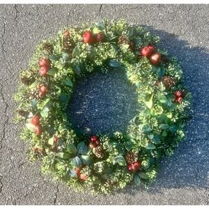 Vintage Plastic Fall/Christmas Door Wreath Large 26" Boxwood Apples Pine cones